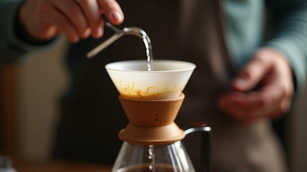 Bir pour-over dripper üzerine yavaşça sıcak su dökülen el, demleme prosesi detaylı gösterim