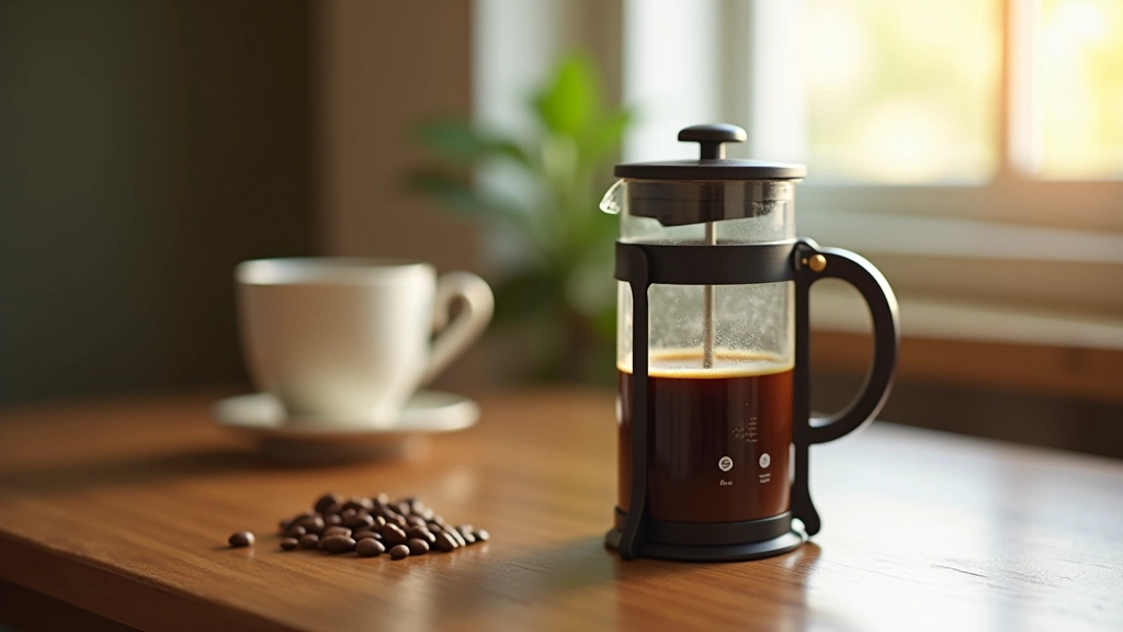 Açık olan bir French press pot, içinde demlenmekte olan kahve gösteriliyor, ahşap masa üstünde