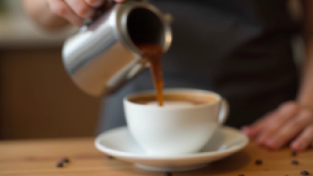 Hazırlanan moka pot kahvesinin fincan içine döküldüğü anı, kahvenin rengi ve kalitesi görülüyor