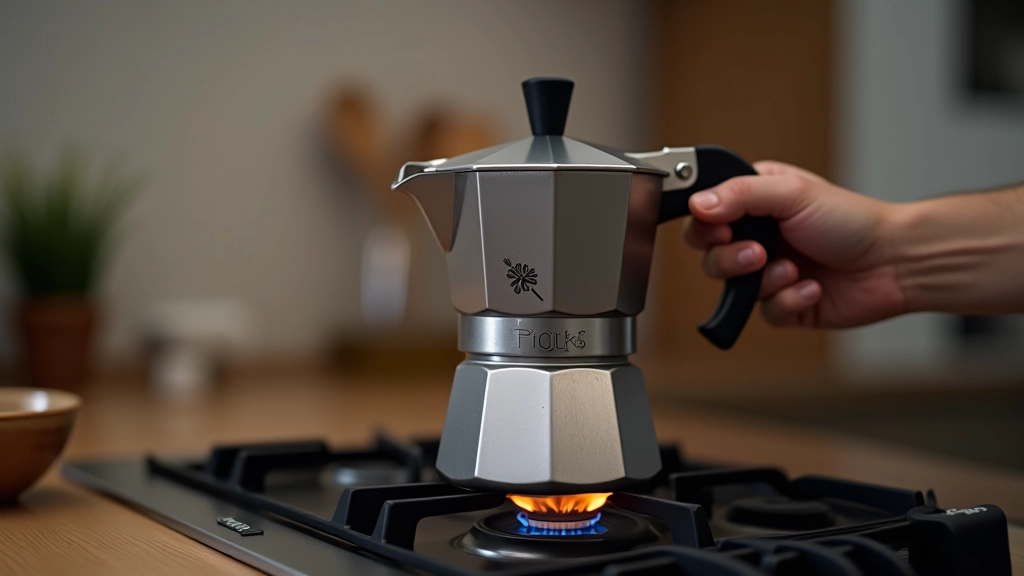 Moka pot ocakta pişirilirken, ısı ayarlanması ve zaman tutulması görüntüsü