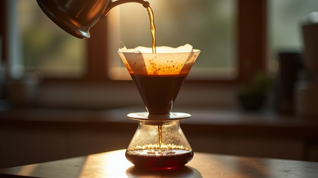 Pour-over kahve hazırlama sırasında sıcak su kahve filtresine dökülen görüntü