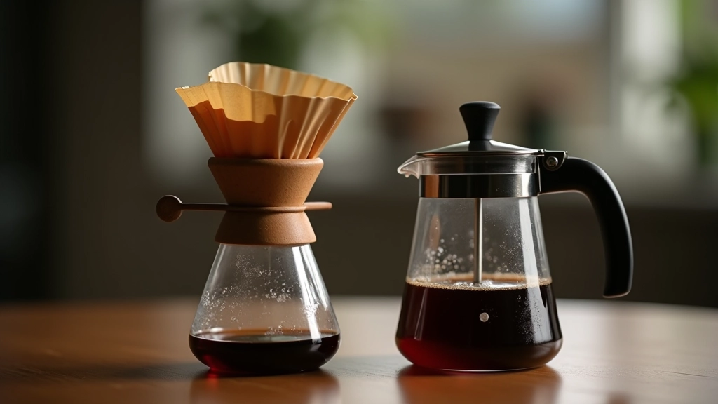Çeşitli kahve demleme araçları yan yana duruyor, pour-over dripper ve French press pot gösteriliyor